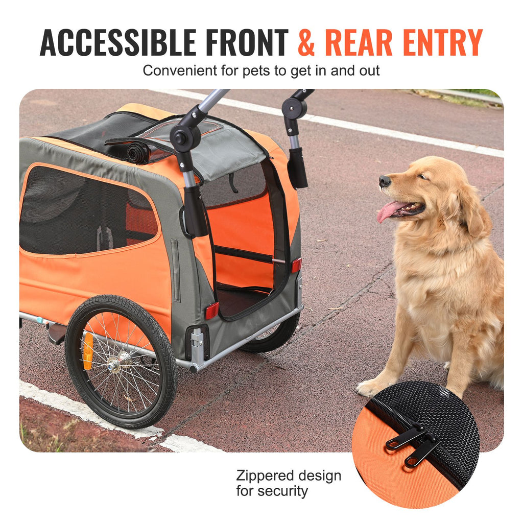 Dog Bike Trailer, Supports up to 66 lbs, 2-in-1 Pet Stroller Cart Bicycle Carrier, Easy Folding Cart Frame with Quick Release Wheels, Universal Bicycle Coupler, Reflectors, Flag, Orange/Gray