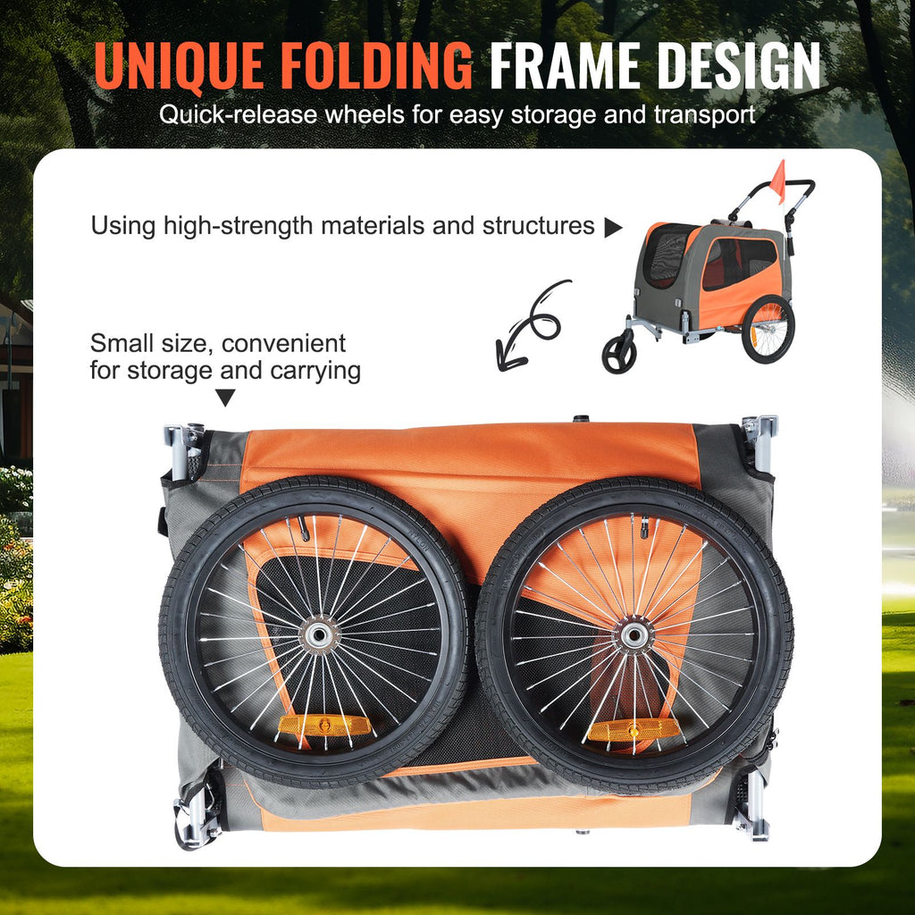 Dog Bike Trailer, Supports up to 66 lbs, 2-in-1 Pet Stroller Cart Bicycle Carrier, Easy Folding Cart Frame with Quick Release Wheels, Universal Bicycle Coupler, Reflectors, Flag, Orange/Gray