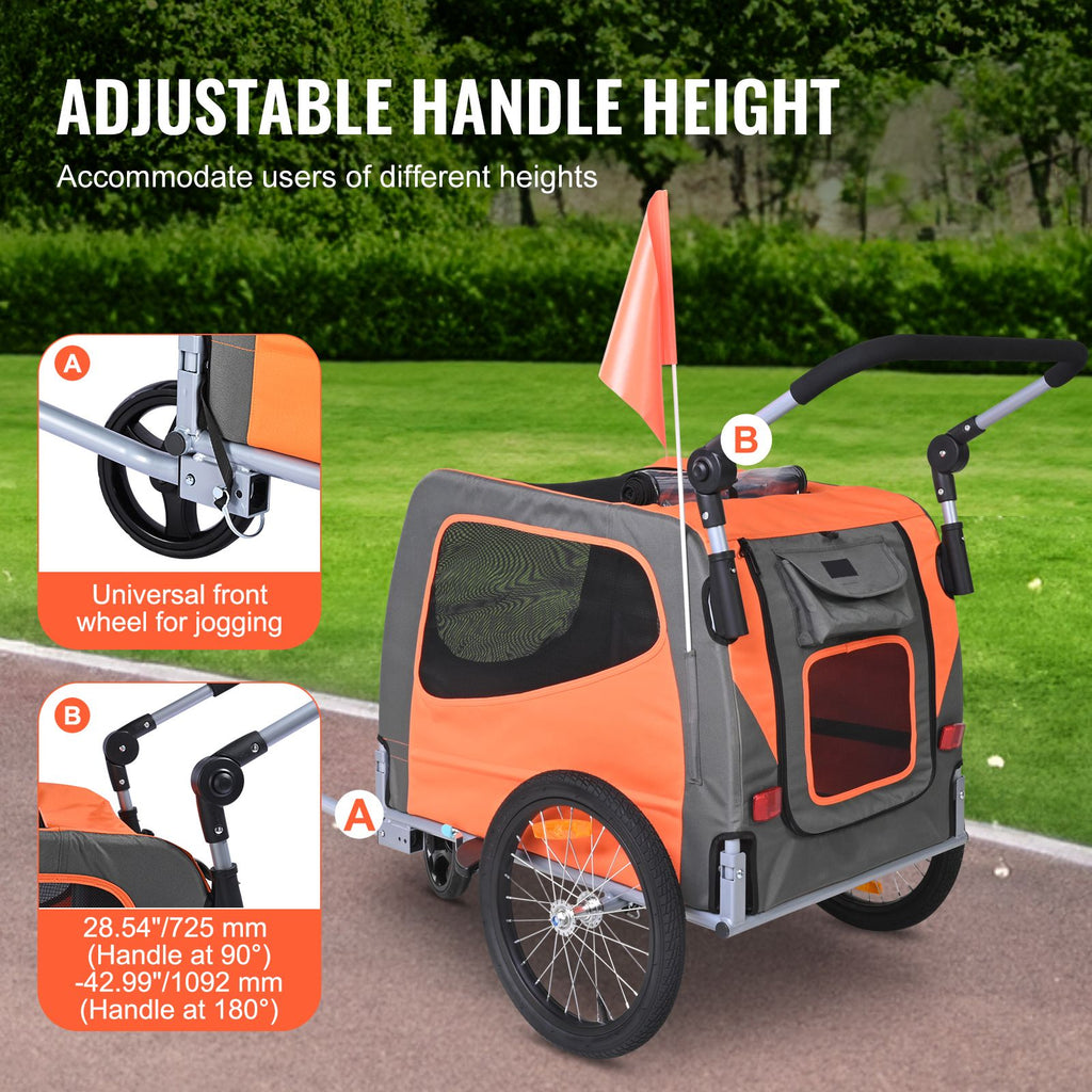 Dog Bike Trailer, Supports up to 66 lbs, 2-in-1 Pet Stroller Cart Bicycle Carrier, Easy Folding Cart Frame with Quick Release Wheels, Universal Bicycle Coupler, Reflectors, Flag, Orange/Gray