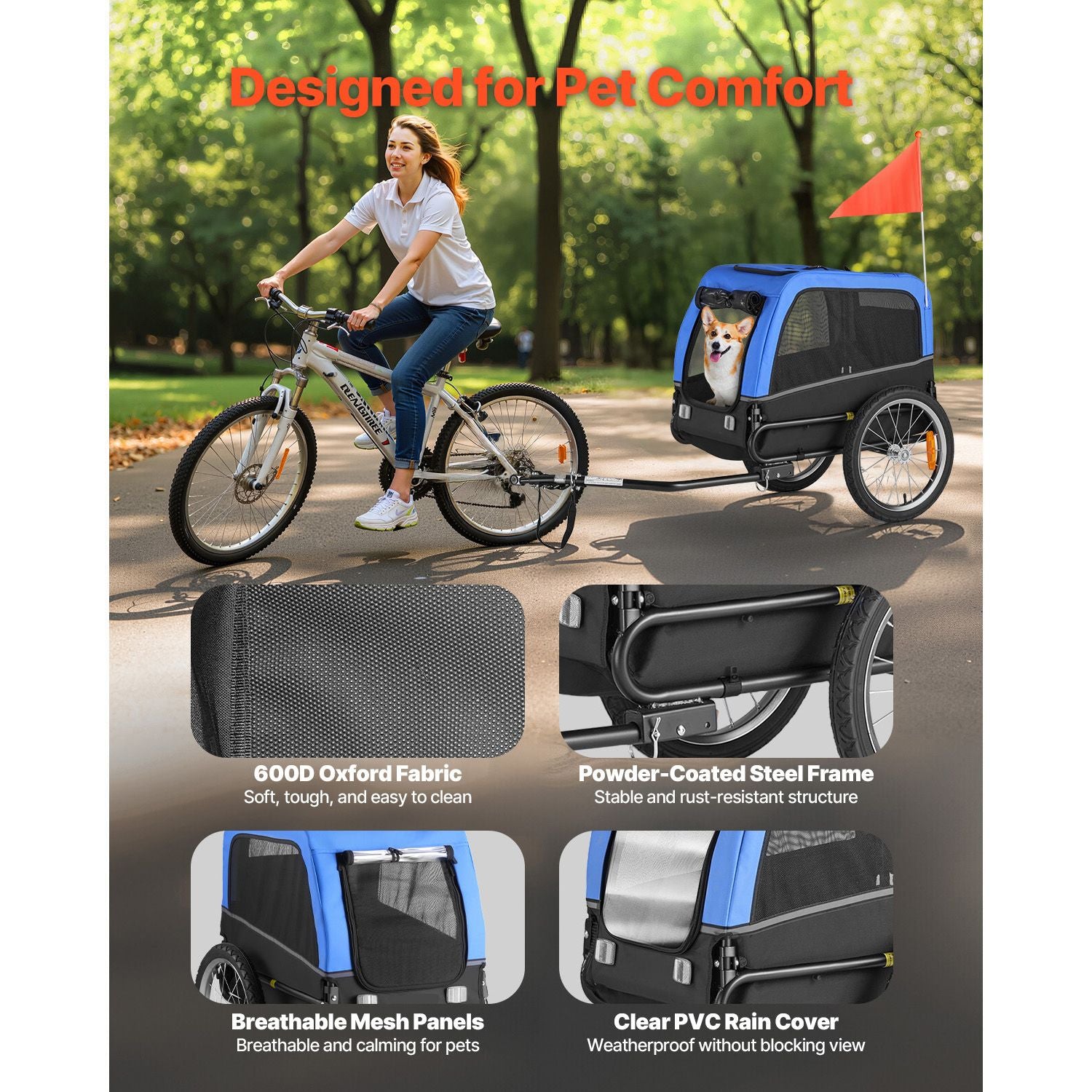 Dog Bike Trailer, Supports up to 66 lbs, Pet Cart Bicycle Carrier for Small & Medium Dogs, Easy Folding Frame with Quick Release Wheel, Universal Bicycle Coupler, Reflector, Flag, Internal Leash