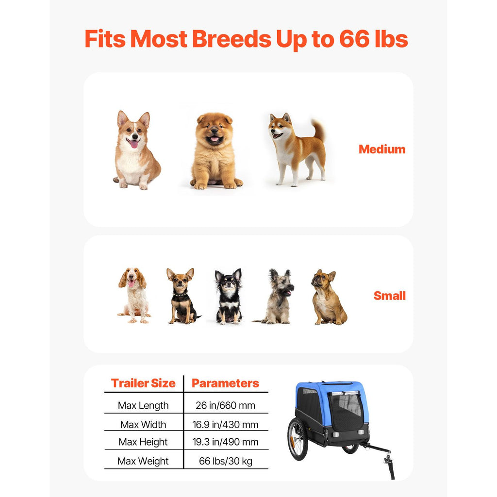 Dog Bike Trailer, Supports up to 66 lbs, Pet Cart Bicycle Carrier for Small & Medium Dogs, Easy Folding Frame with Quick Release Wheel, Universal Bicycle Coupler, Reflector, Flag, Internal Leash