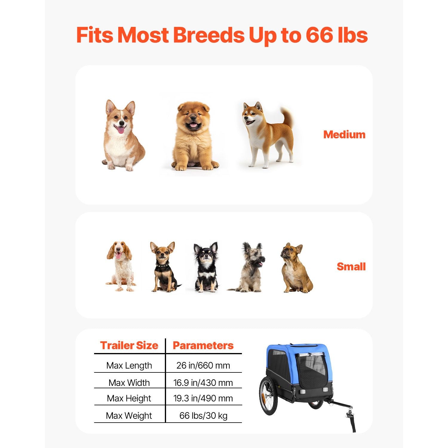 Dog Bike Trailer, Supports up to 66 lbs, Pet Cart Bicycle Carrier for Small & Medium Dogs, Easy Folding Frame with Quick Release Wheel, Universal Bicycle Coupler, Reflector, Flag, Internal Leash