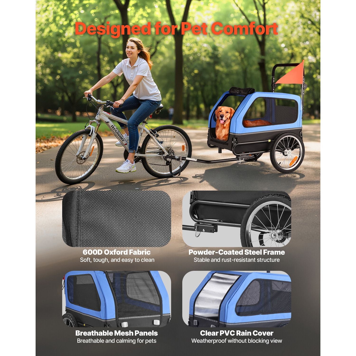 Dog Bike Trailer, Supports up to 88 lbs, 2-in-1 Pet Stroller Cart Bicycle Carrier for Small & Large Dogs, Easy Folding Frame with Quick Release Wheel, Universal Bicycle Coupler, Internal Leash
