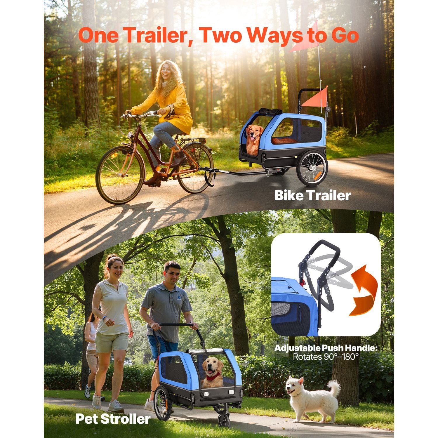 Dog Bike Trailer, Supports up to 88 lbs, 2-in-1 Pet Stroller Cart Bicycle Carrier for Small & Large Dogs, Easy Folding Frame with Quick Release Wheel, Universal Bicycle Coupler, Internal Leash