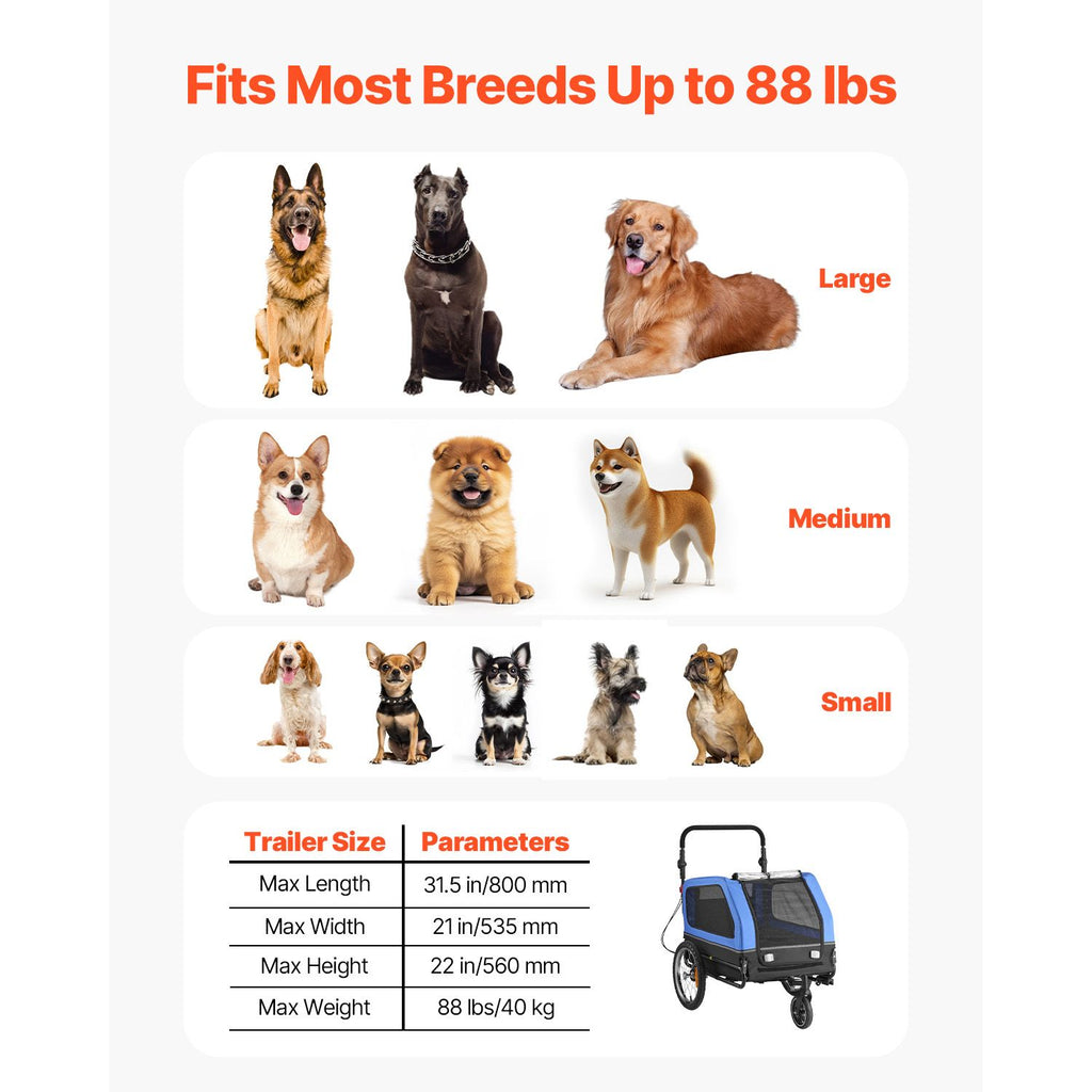 Dog Bike Trailer, Supports up to 88 lbs, 2-in-1 Pet Stroller Cart Bicycle Carrier for Small & Large Dogs, Easy Folding Frame with Quick Release Wheel, Universal Bicycle Coupler, Internal Leash