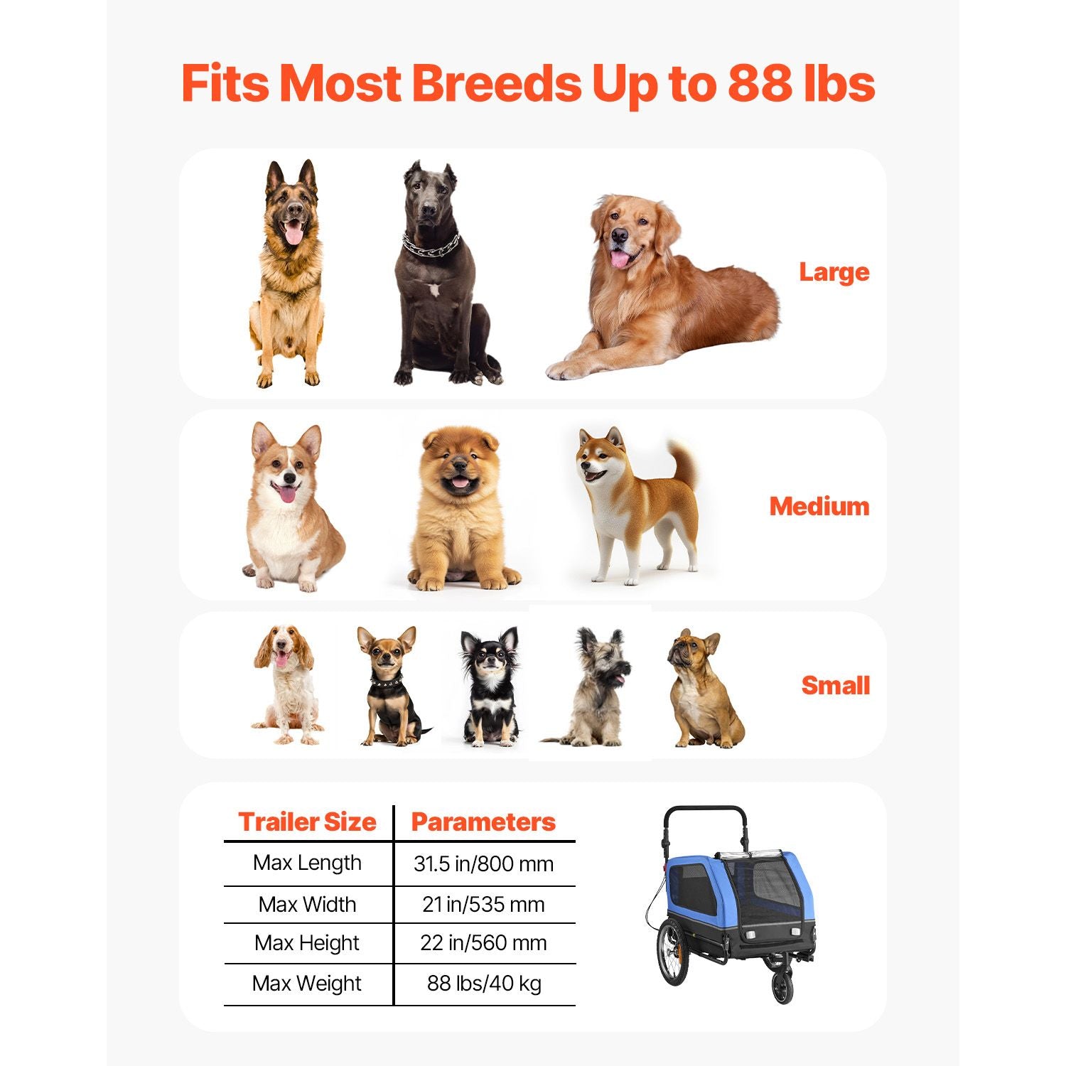 Dog Bike Trailer, Supports up to 88 lbs, 2-in-1 Pet Stroller Cart Bicycle Carrier for Small & Large Dogs, Easy Folding Frame with Quick Release Wheel, Universal Bicycle Coupler, Internal Leash