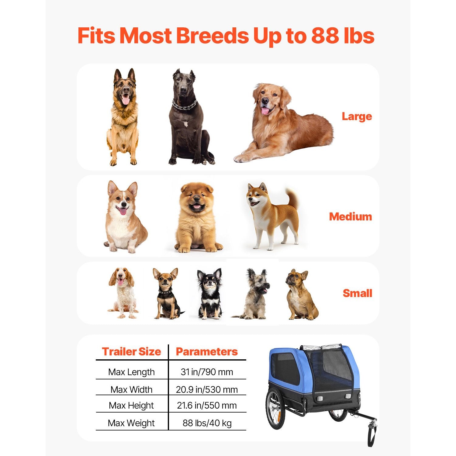 Dog Bike Trailer, Supports up to 88 lbs, Pet Cart Bicycle Carrier for Small & Large Dogs, Easy Folding Frame with Quick Release Wheel, Universal Bicycle Coupler, Reflector, Flag, Internal Leash