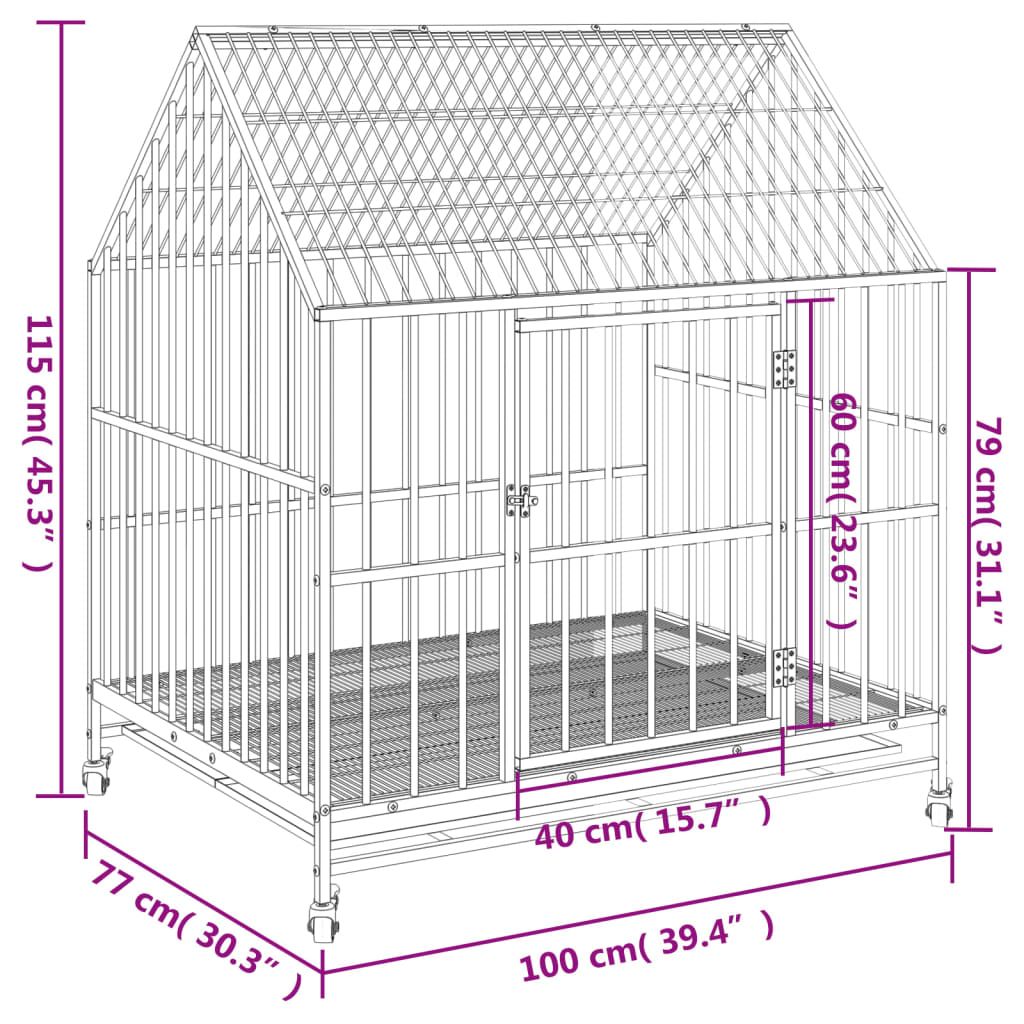 Dog Cage with Wheels Black Galvanised structured