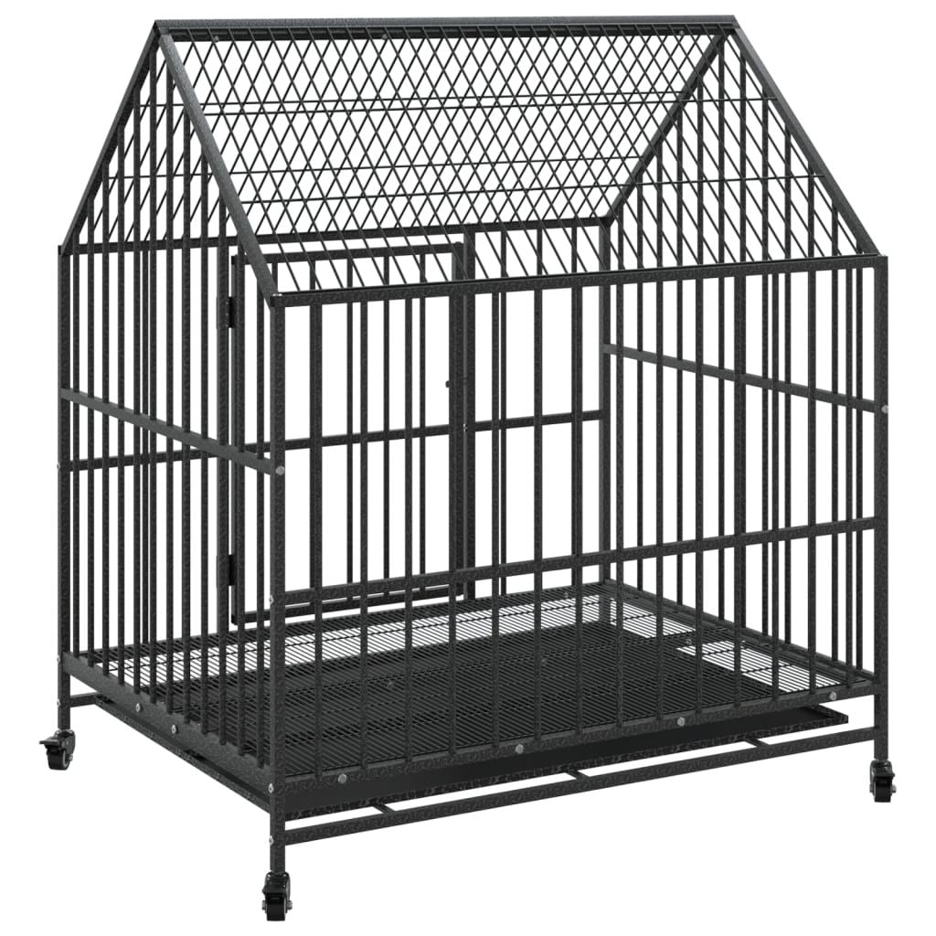 Dog Cage with Wheels Black Galvanised structured