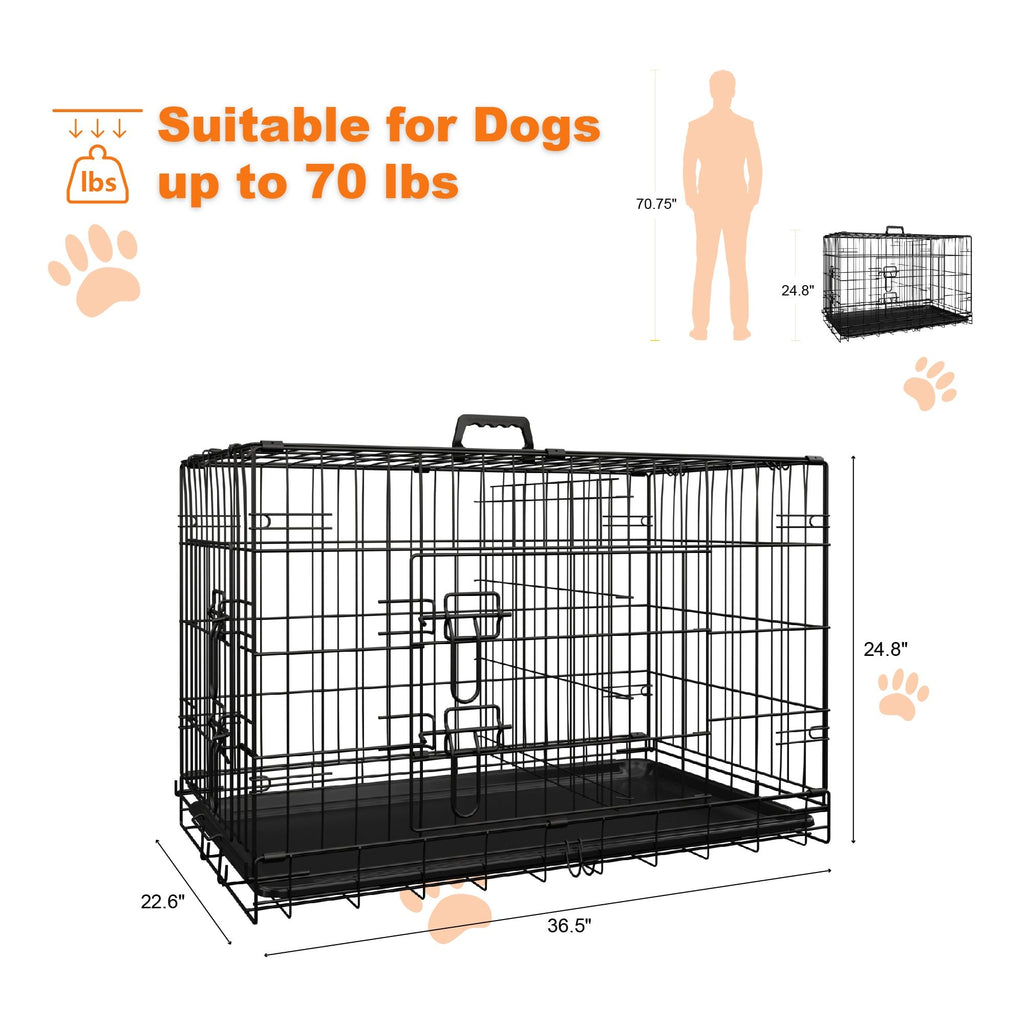 Dog Crate, 36 Inch Medium Dog Cage with Divider and Plastic Leak-Proof Pan Tray, Double Door Folding Metal Wire Cage for Indoor, Outdoor, and Travel, Made in Vietnam
