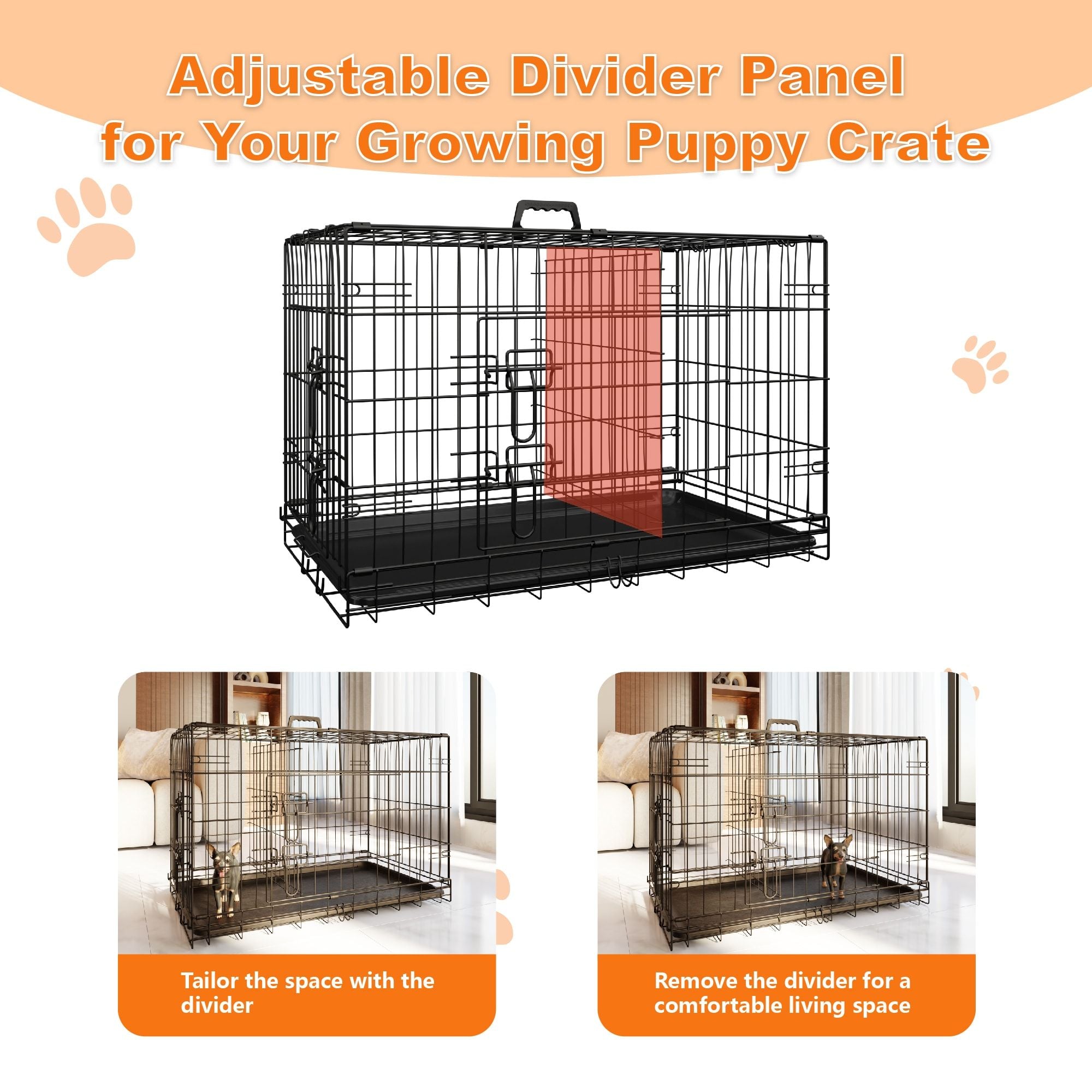 Dog Crate, 42 Inch Large Dog Cage with Divider and Plastic Leak-Proof Pan Tray, Double Door Folding Metal Wire Cage for Indoor, Outdoor, and Travel, Made in Vietnam