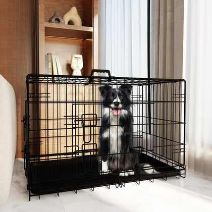 42 Inch Large Dog Crate with Divider and Leak-Proof Pan - Double Door Folding Metal Wire Cage