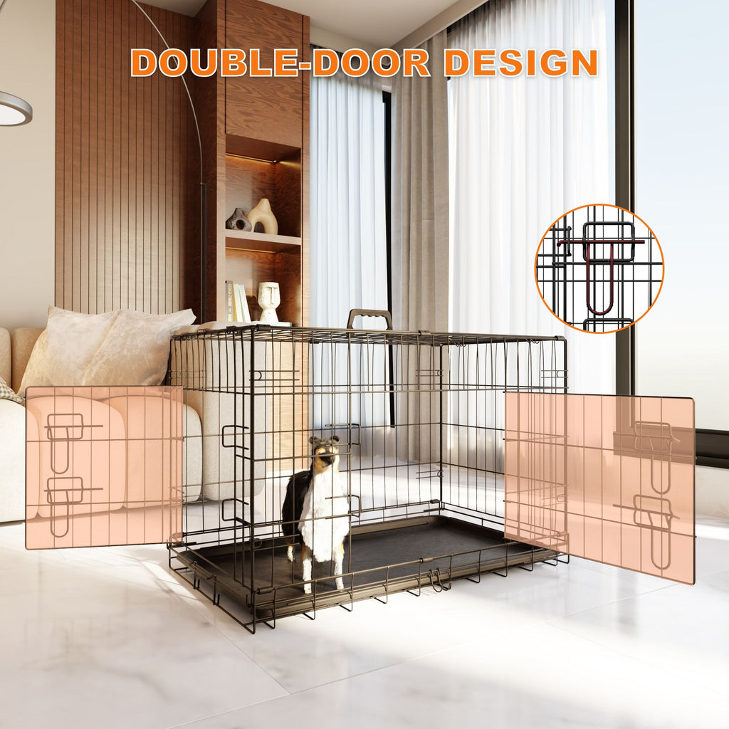 Dog Crate, 42 Inch Large Dog Cage with Divider and Plastic Leak-Proof Pan Tray, Double Door Folding Metal Wire Cage for Indoor, Outdoor, and Travel, Made in Vietnam