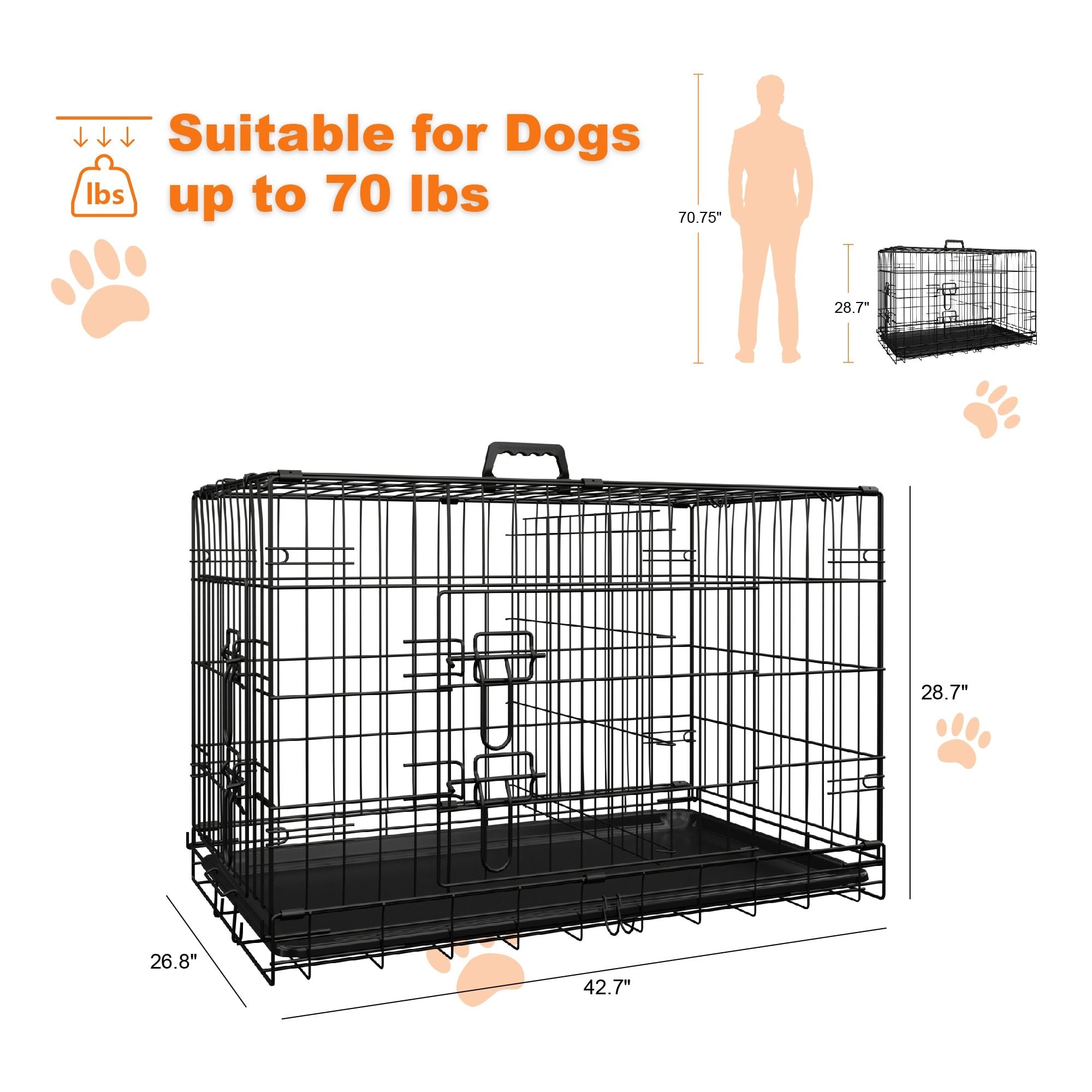 Dog Crate, 42 Inch Large Dog Cage with Divider and Plastic Leak-Proof Pan Tray, Double Door Folding Metal Wire Cage for Indoor, Outdoor, and Travel, Made in Vietnam