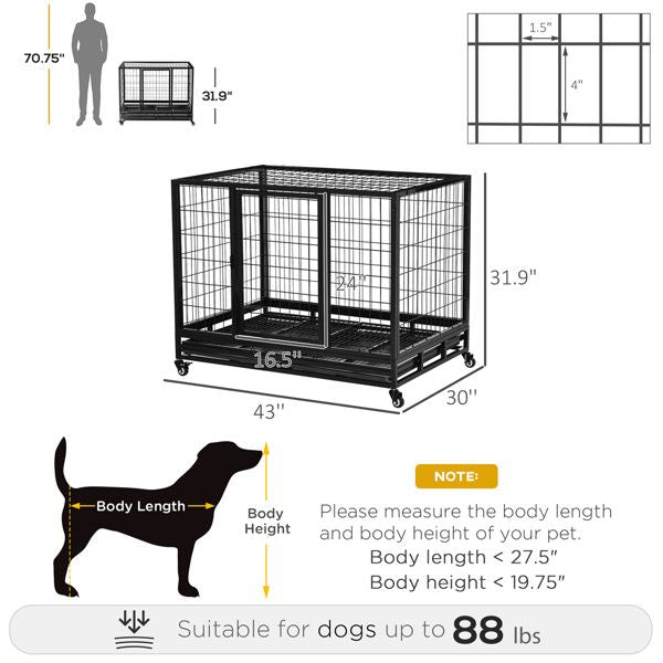 Large Black structured Dog Crate with Dual Doors and Casters