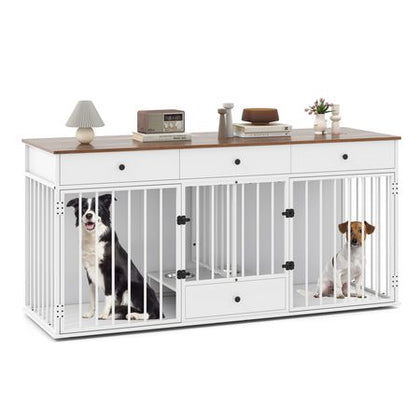 Dog Crate Furniture Indoor Modern Dog Kennel with Divider 3 Drawers and Pull-out Feeder
