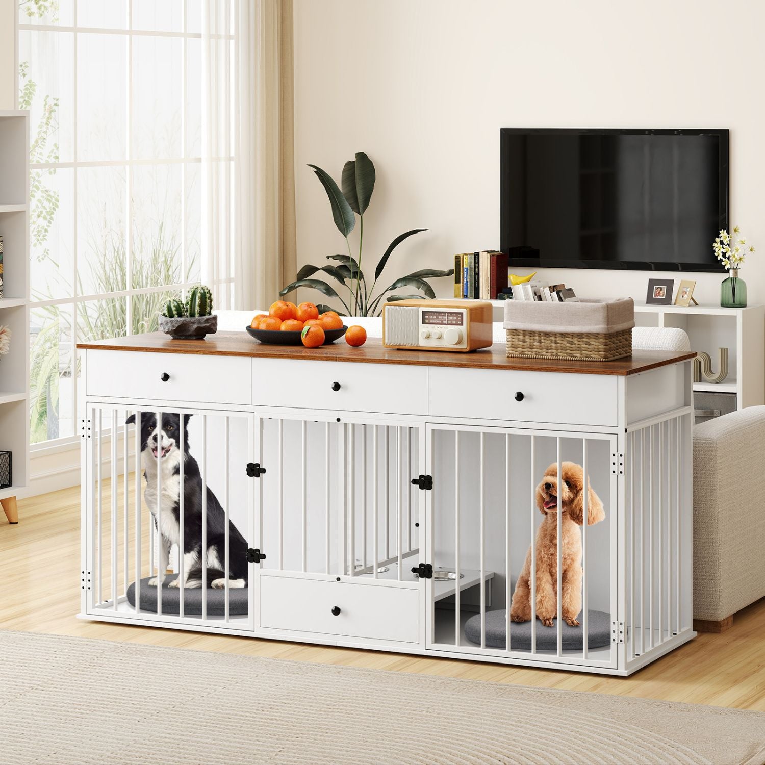 Dog Crate Furniture Indoor Modern Dog Kennel with Divider 3 Drawers and Pull-out Feeder