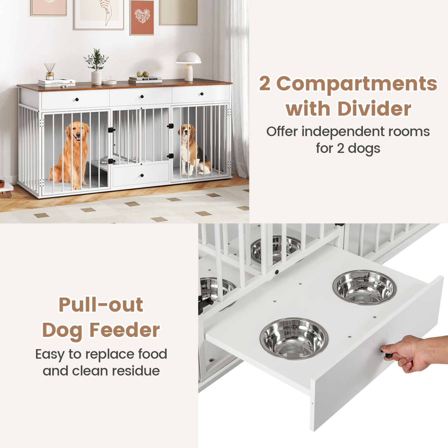 Dog Crate Furniture Indoor Modern Dog Kennel with Divider 3 Drawers and Pull-out Feeder