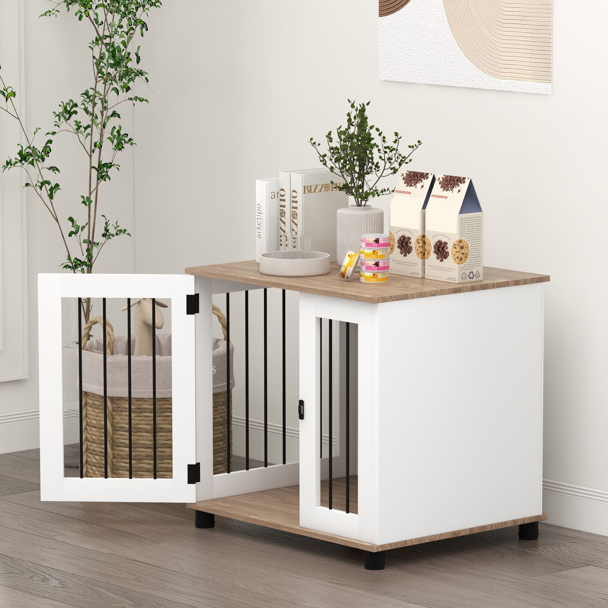 Dog Crate Furniture, Side Table Indoor Dog Kennel, End Table with Lockable Door for Small and Medium