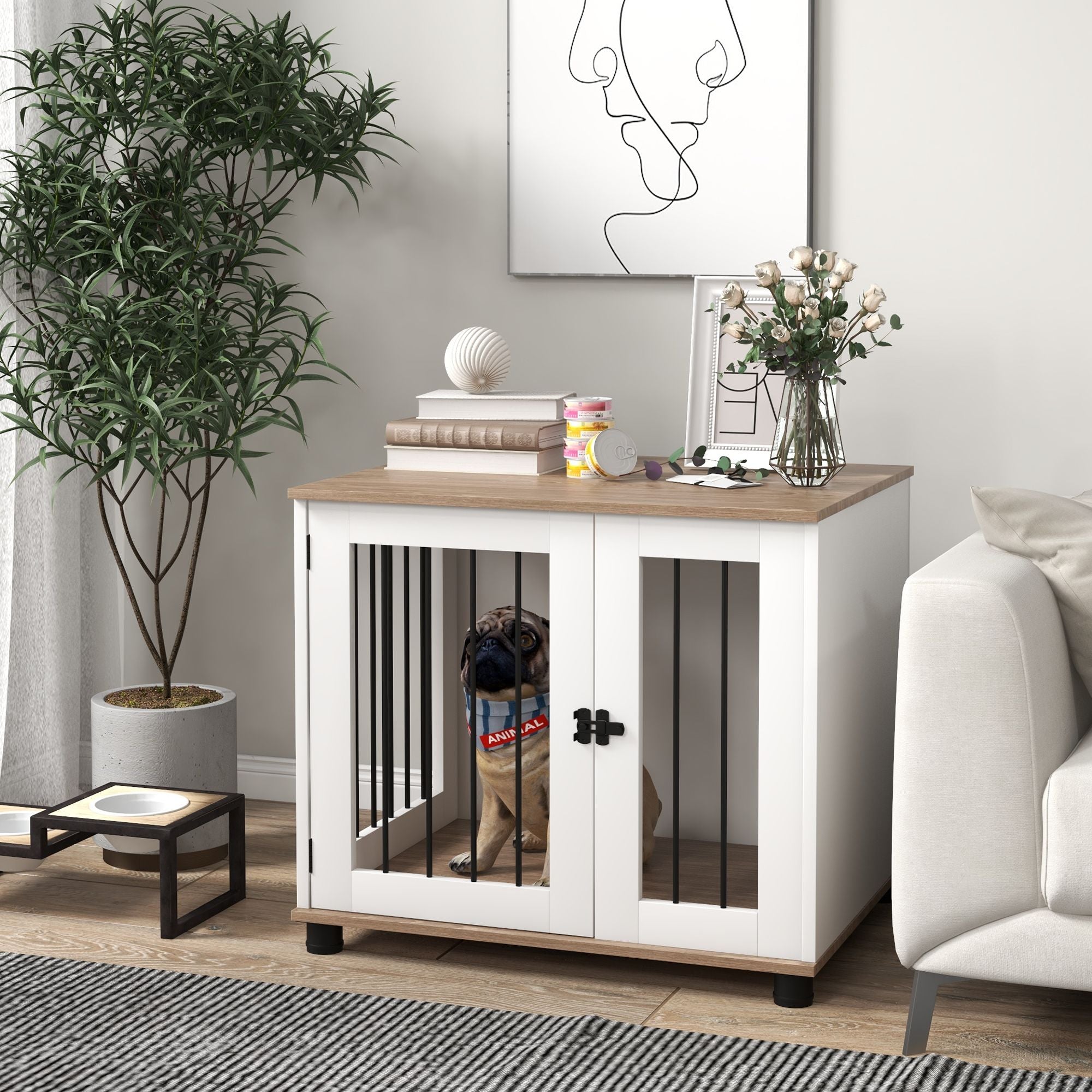 Dog Crate Furniture, Side Table Indoor Dog Kennel, End Table with Lockable Door for Small and Medium