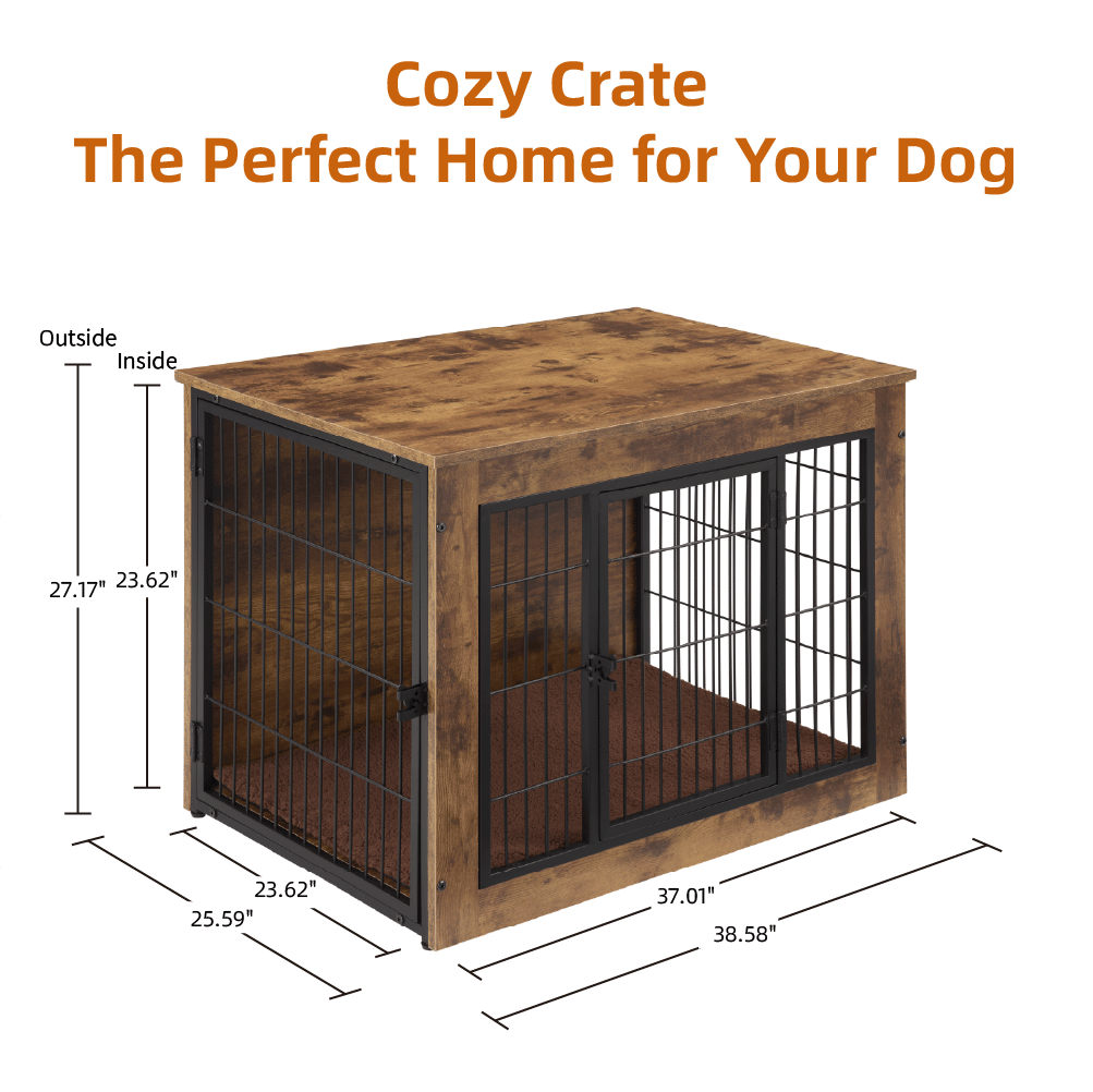 Dog Crate Furniture with Cushion, Wooden Dog Kennel Furniture, Heavy Duty Dog Cage, 40" Dog Kennel with Double Doors, Dog Crates for Large Dogs, Rustic Brown, L