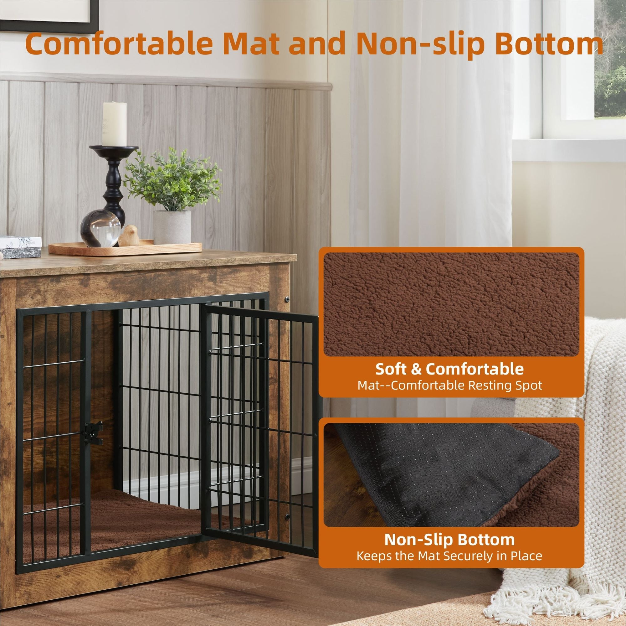 Dog Crate Furniture with Cushion, Wooden Dog Kennel Furniture, Heavy Duty Dog Cage, 40" Dog Kennel with Double Doors, Dog Crates for Large Dogs, Rustic Brown, L