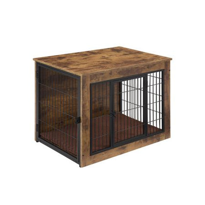 Dog Crate Furniture with Cushion, Wooden Dog Kennel Furniture, Heavy Duty Dog Cage, 40" Dog Kennel with Double Doors, Dog Crates for Large Dogs, Rustic Brown, L