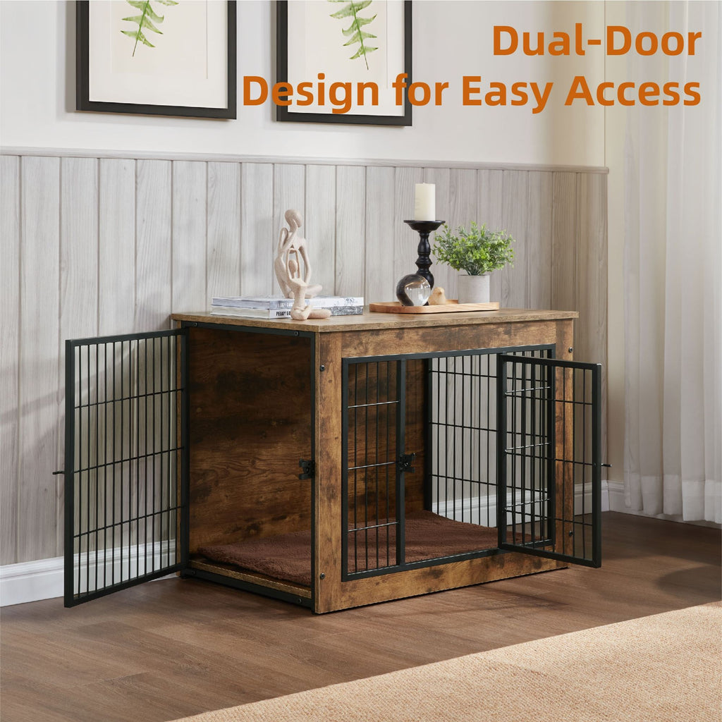 Dog Crate Furniture with Cushion, Wooden Dog Kennel Furniture, Heavy Duty Dog Cage, 40" Dog Kennel with Double Doors, Dog Crates for Large Dogs, Rustic Brown, L