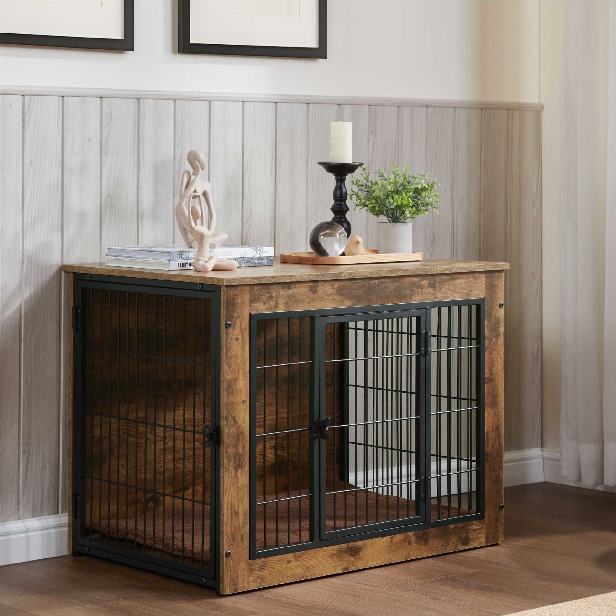 Dog Crate Furniture with Cushion, Wooden Dog Kennel Furniture, Heavy Duty Dog Cage, 40" Dog Kennel with Double Doors, Dog Crates for Large Dogs, Rustic Brown, L