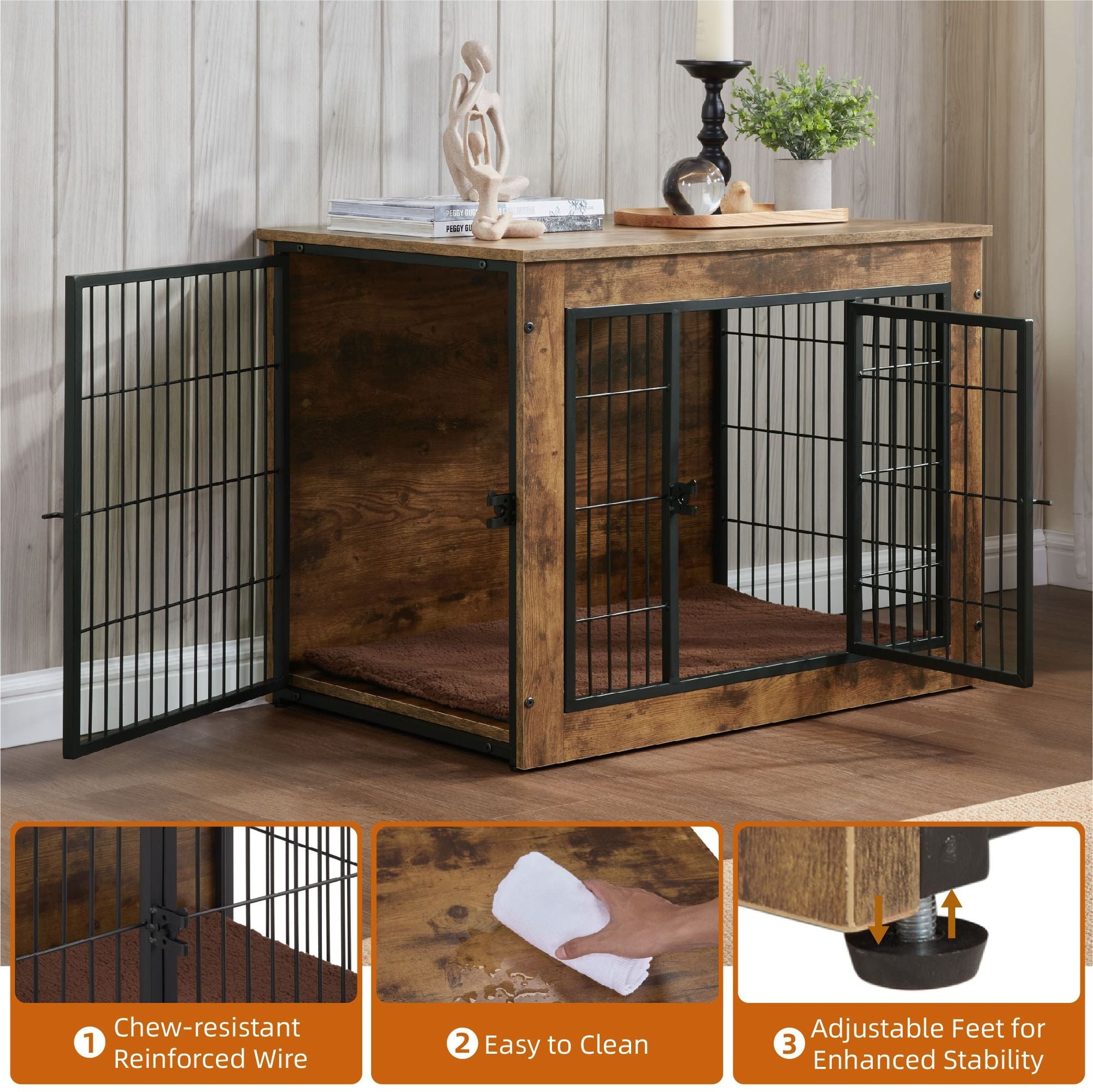 Dog Crate Furniture with Cushion, Wooden Dog Kennel Furniture, Heavy Duty Dog Cage, 40" Dog Kennel with Double Doors, Dog Crates for Large Dogs, Rustic Brown, L