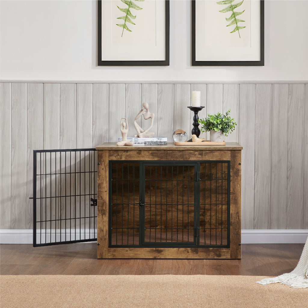Dog Crate Furniture with Cushion, Wooden Dog Kennel Furniture, Heavy Duty Dog Cage, 40" Dog Kennel with Double Doors, Dog Crates for Large Dogs, Rustic Brown, L