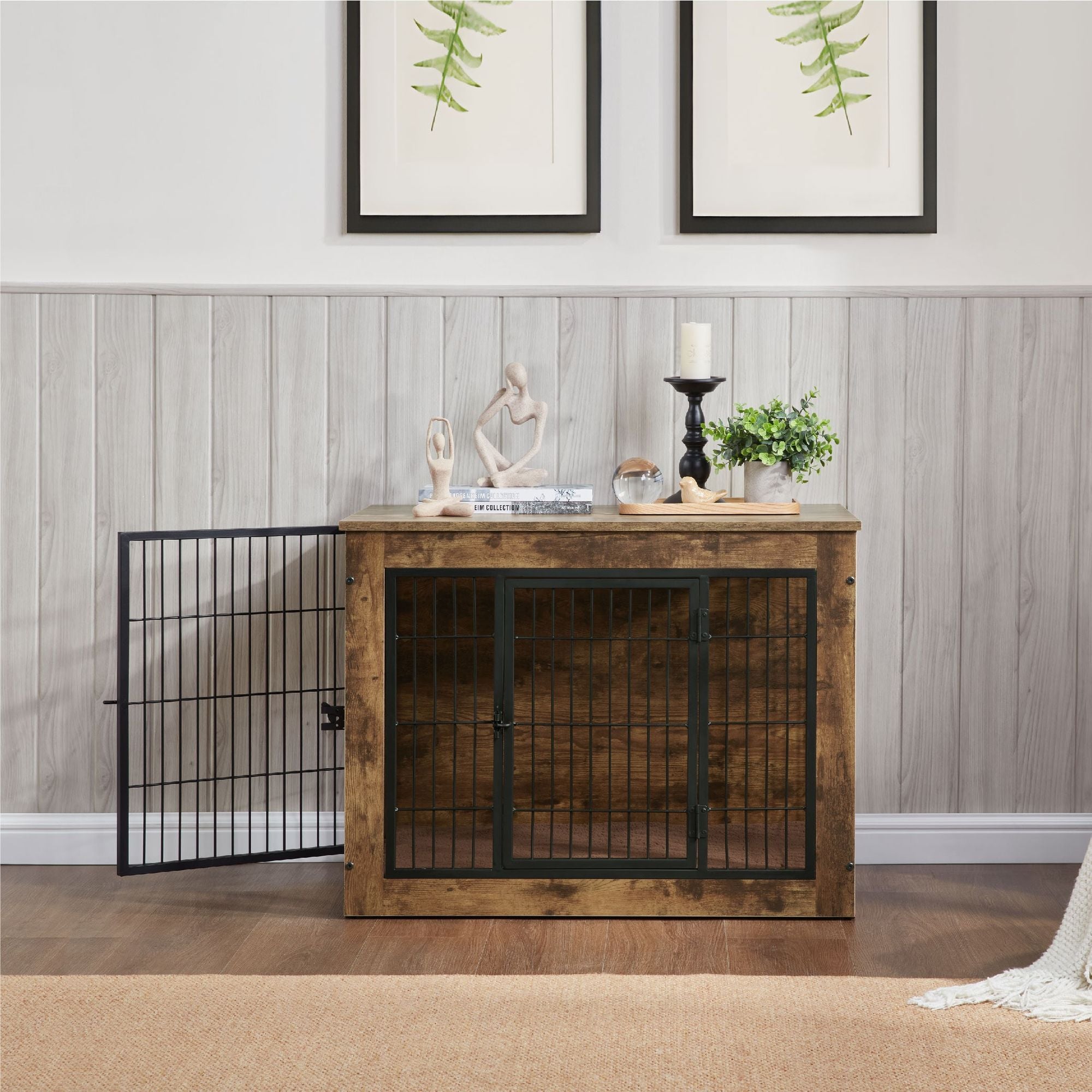 Dog Crate Furniture with Cushion, Wooden Dog Kennel Furniture, Heavy Duty Dog Cage, 40" Dog Kennel with Double Doors, Dog Crates for Large Dogs, Rustic Brown, L