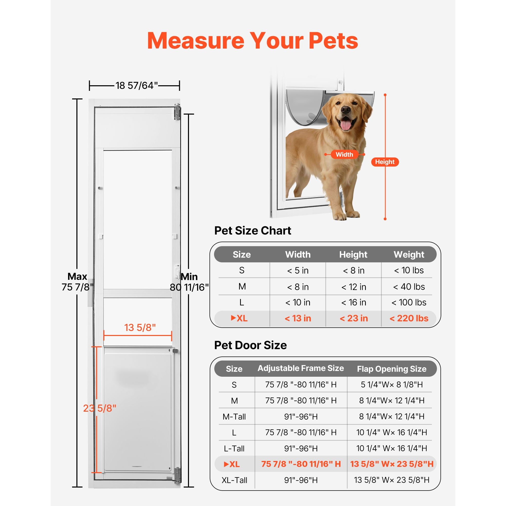 Dog Door for Sliding Glass Door, 75 7/8" to 80 11/16" Adjustable Height, Aluminum Alloy Frame with Flap and Lock, for Extra Large-Sized Dogs, 180° Swing-Open Sliding Glass Pet Doors for Renters