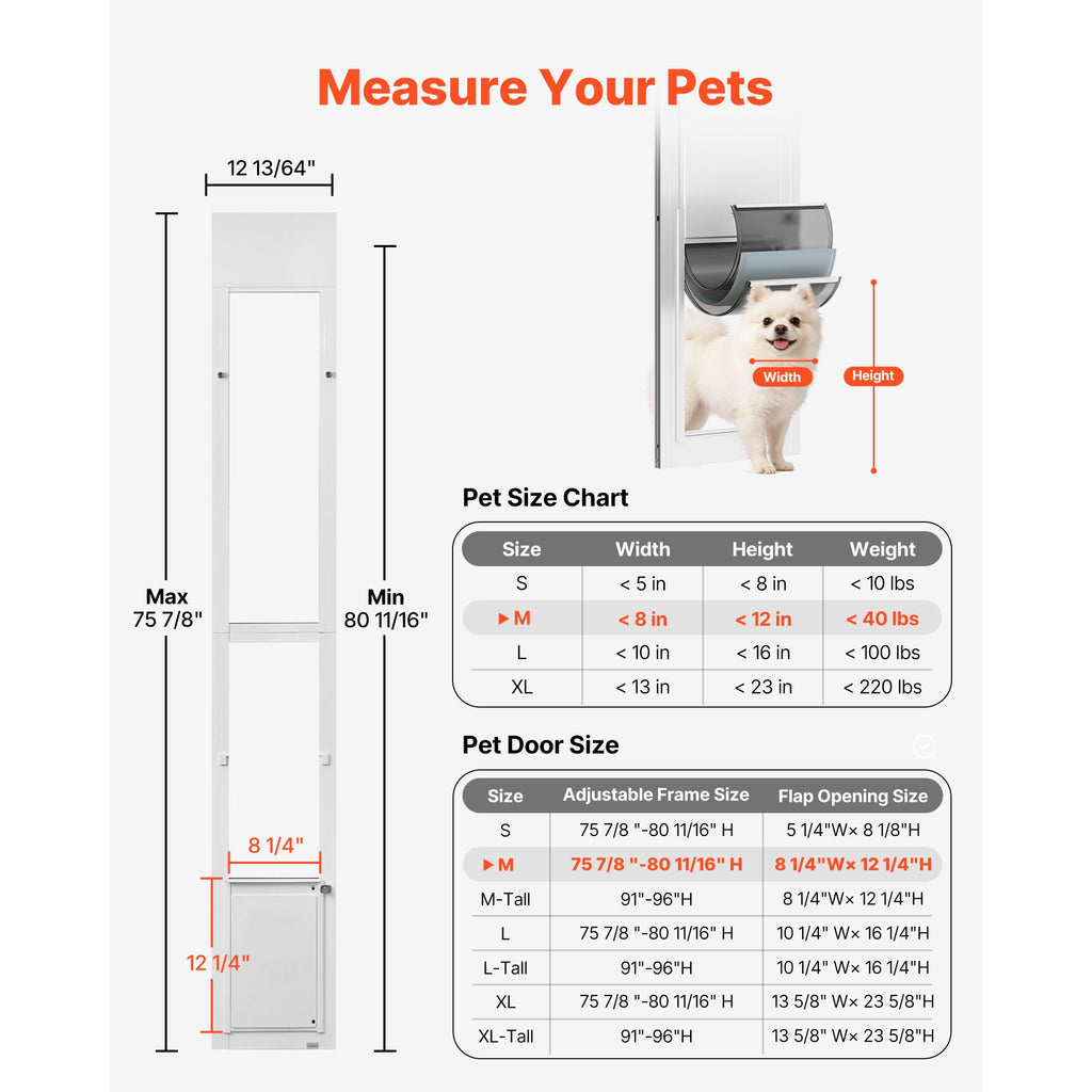 Dog Door for Sliding Glass Door, 75 7/8" to 80 11/16" Adjustable Height, Aluminum Alloy Frame with Flap, Rotating Hinge, Lock Design, for Medium-Sized Dogs, Sliding Glass Pet Doors for Renters