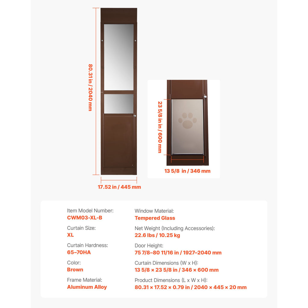Dog Door for Sliding Glass Door, 75 7/8 to 80 11/16 in Adjustable Height, Aluminum Alloy Frame with Rotating Hinges, Lock Design, 13 5/8 x 23 5/8 in Flap, Sliding Glass Pet Door for Renters