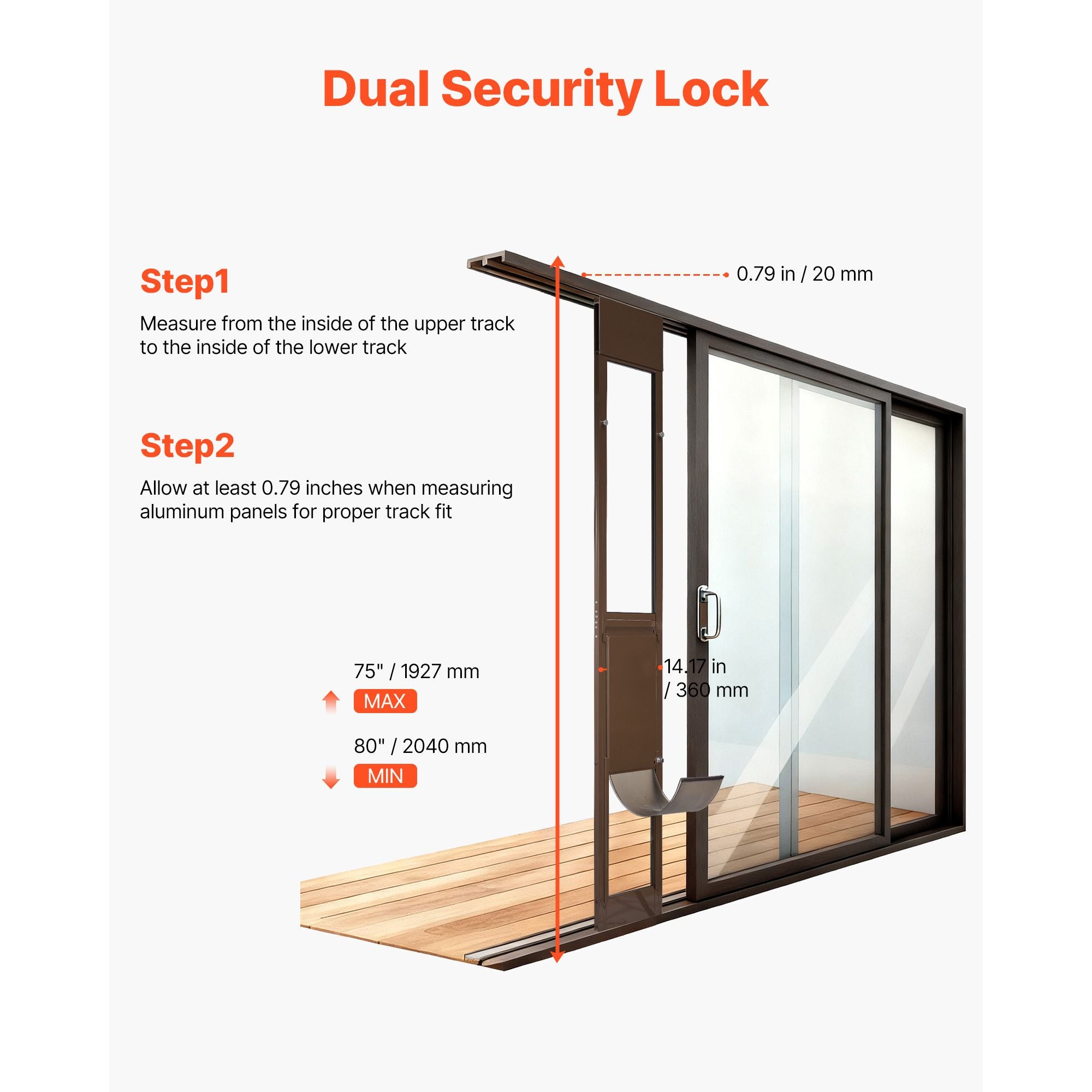 Dog Door for Sliding Glass Door, 75 7/8 to 80 11/16 in Adjustable Height, Aluminum Alloy Frame with Rotating Hinges, Lock Design, 13 5/8 x 23 5/8 in Flap, Sliding Glass Pet Door for Renters