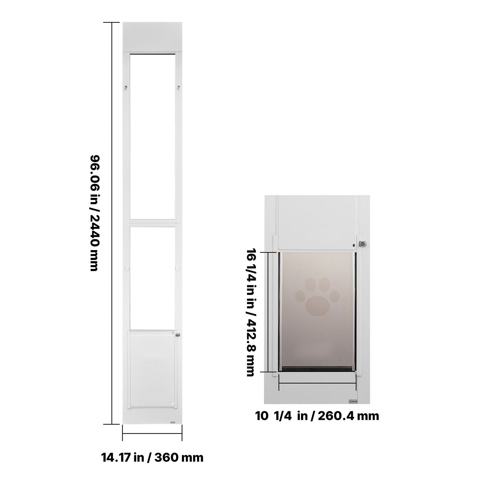 Dog Door for Sliding Glass Door, 91 to 96 in Adjustable Height, Aluminum Alloy Frame with Metal Rotating Hinges, Lock Design, 10 1/4 x 16 1/4 in Flap, Sliding Glass Pet Door for Renters