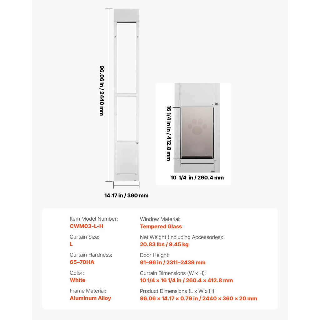 Dog Door for Sliding Glass Door, 91 to 96 in Adjustable Height, Aluminum Alloy Frame with Metal Rotating Hinges, Lock Design, 10 1/4 x 16 1/4 in Flap, Sliding Glass Pet Door for Renters