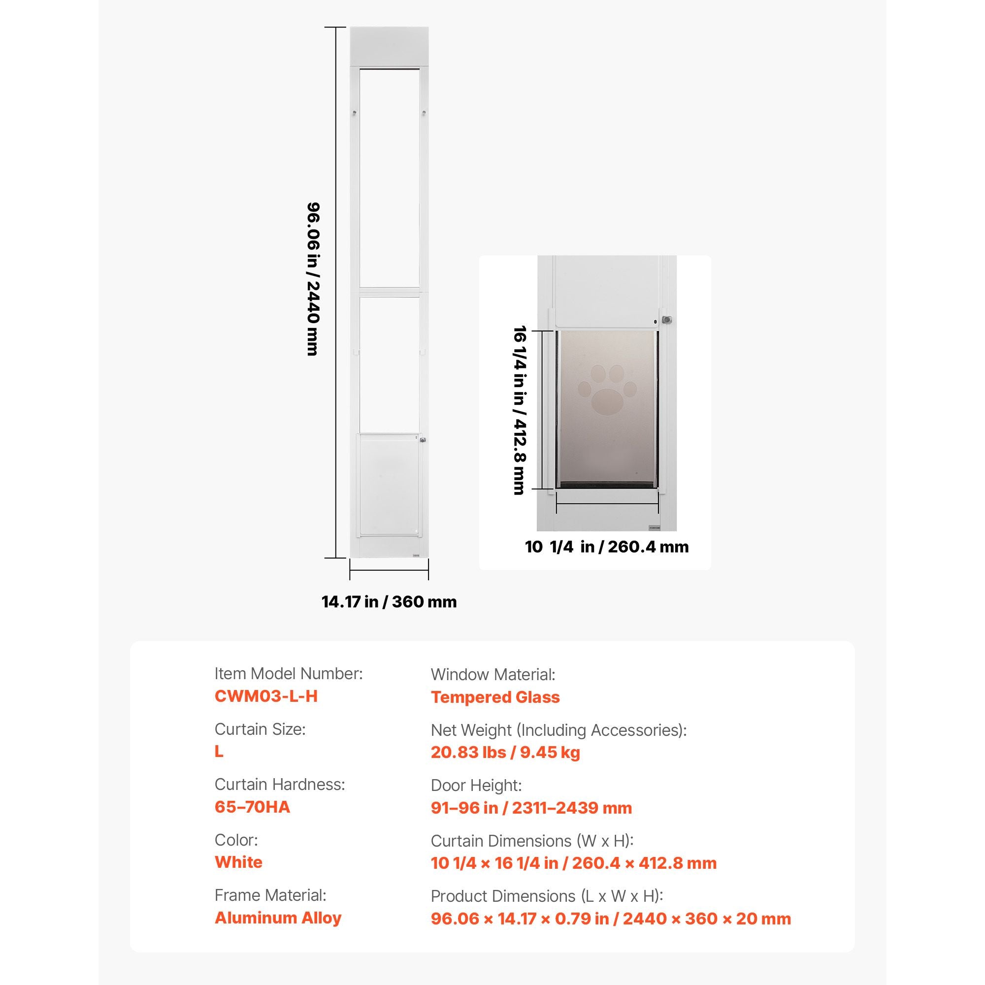 Dog Door for Sliding Glass Door, 91 to 96 in Adjustable Height, Aluminum Alloy Frame with Metal Rotating Hinges, Lock Design, 10 1/4 x 16 1/4 in Flap, Sliding Glass Pet Door for Renters