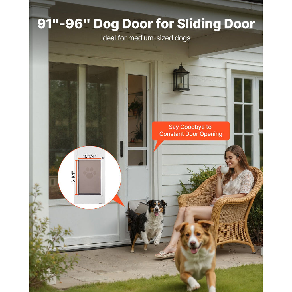 Dog Door for Sliding Glass Door, 91 to 96 in Adjustable Height, Aluminum Alloy Frame with Metal Rotating Hinges, Lock Design, 10 1/4 x 16 1/4 in Flap, Sliding Glass Pet Door for Renters