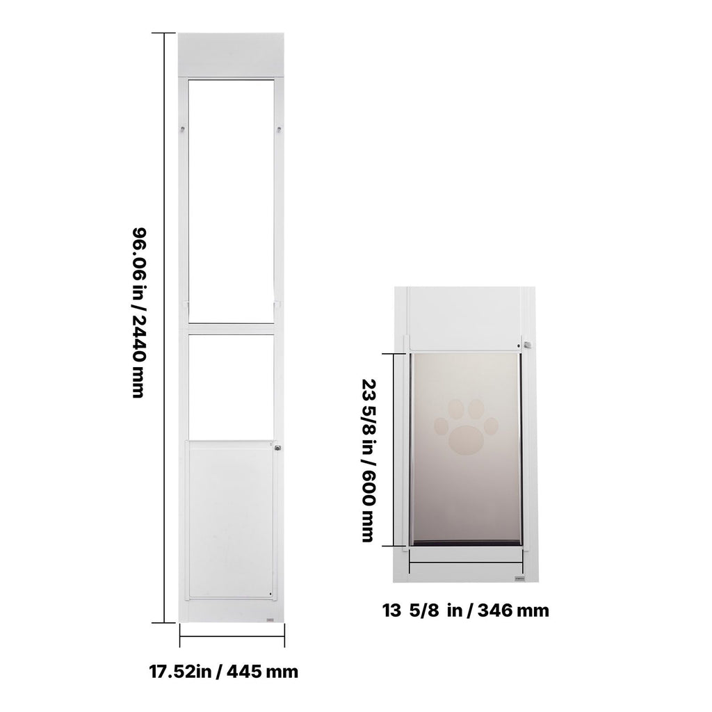 Dog Door for Sliding Glass Door, 91 to 96 in Adjustable Height, Aluminum Alloy Frame with Metal Rotating Hinges, Lock Design, 13 5/8 x 23 5/8 in Flap, Sliding Glass Pet Door for Renters
