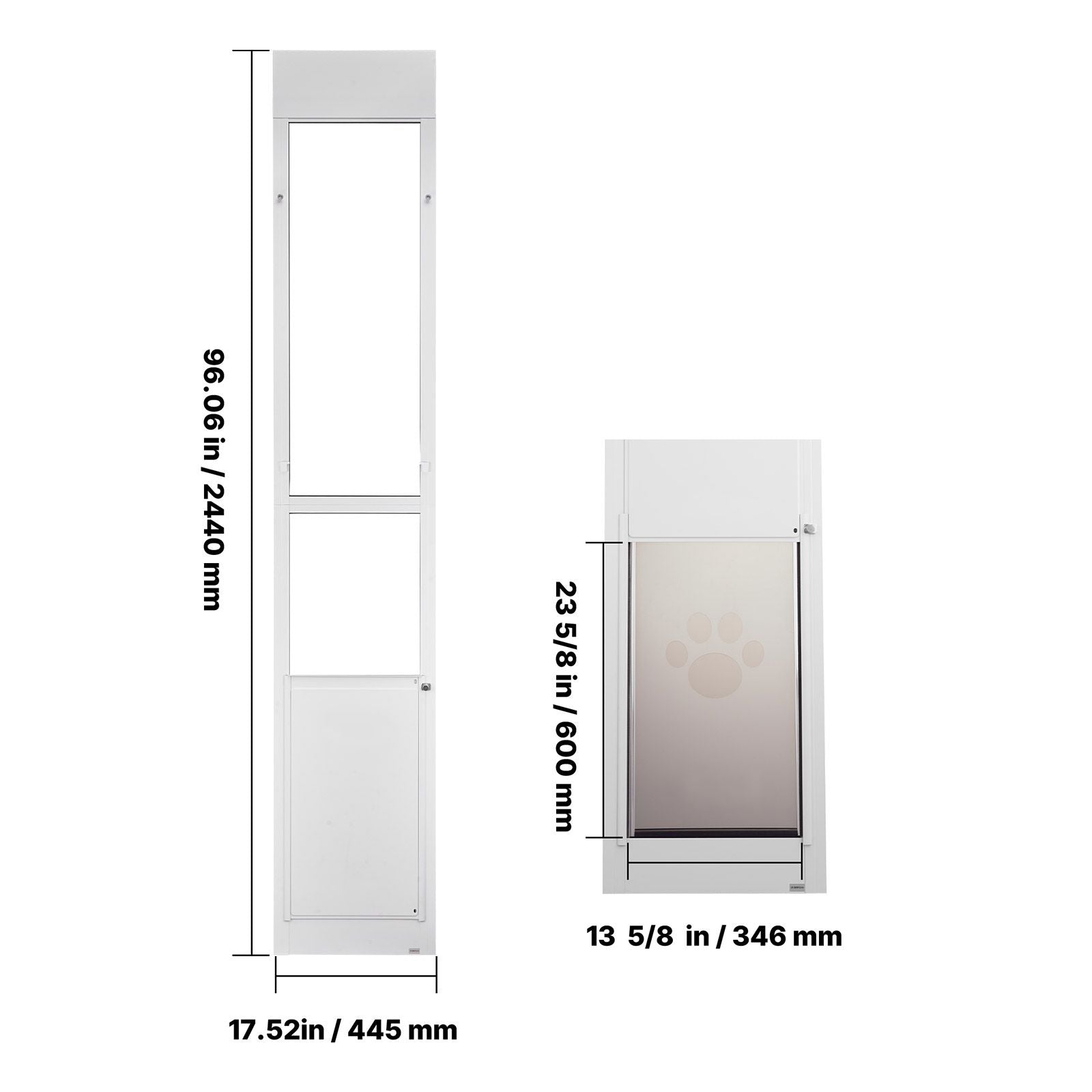 Dog Door for Sliding Glass Door, 91 to 96 in Adjustable Height, Aluminum Alloy Frame with Metal Rotating Hinges, Lock Design, 13 5/8 x 23 5/8 in Flap, Sliding Glass Pet Door for Renters