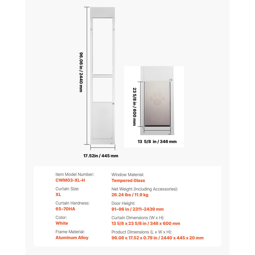 Dog Door for Sliding Glass Door, 91 to 96 in Adjustable Height, Aluminum Alloy Frame with Metal Rotating Hinges, Lock Design, 13 5/8 x 23 5/8 in Flap, Sliding Glass Pet Door for Renters