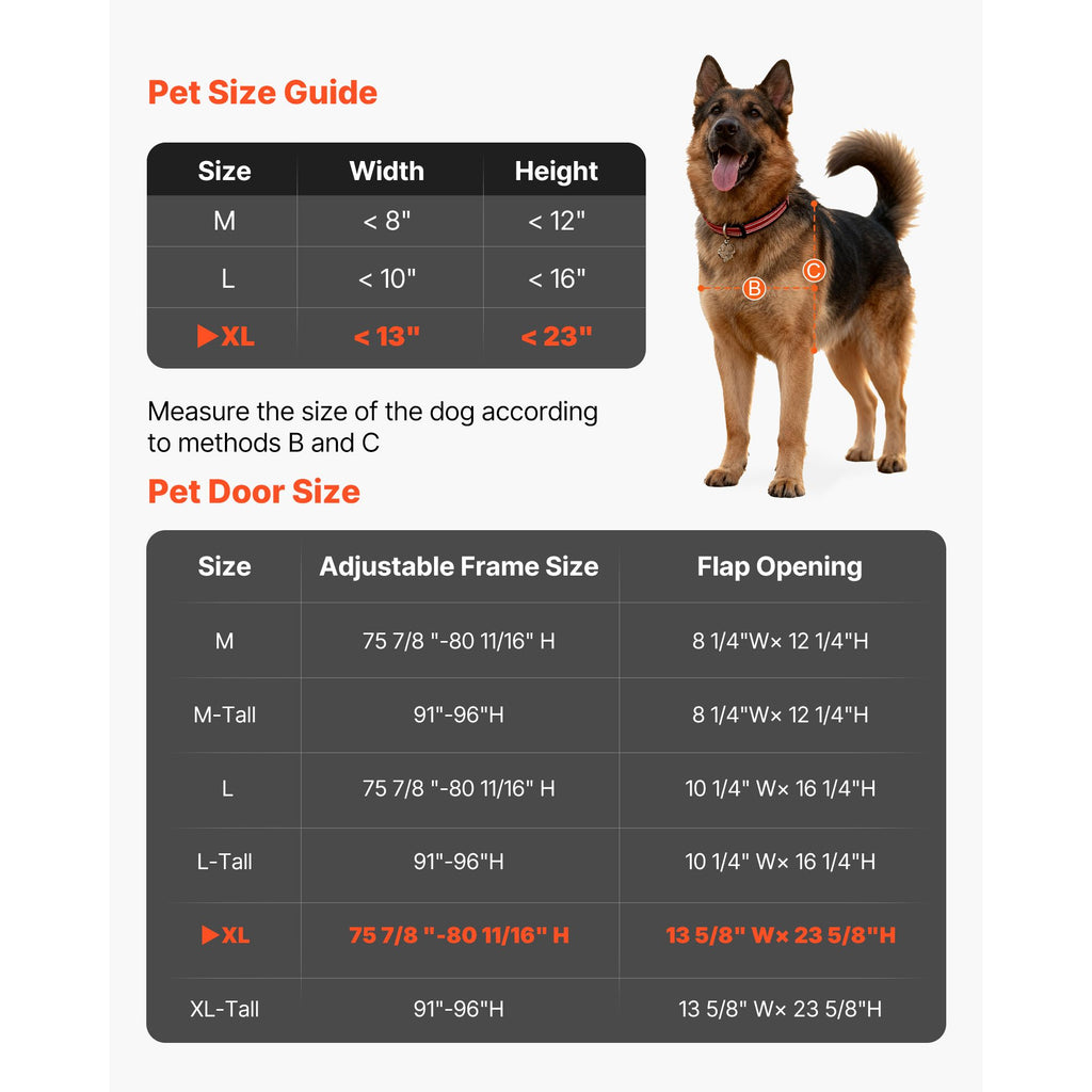 Dog Door for Sliding Glass Door, 91 to 96 in Adjustable Height, Aluminum Alloy Frame with Metal Rotating Hinges, Lock Design, 13 5/8 x 23 5/8 in Flap, Sliding Glass Pet Door for Renters