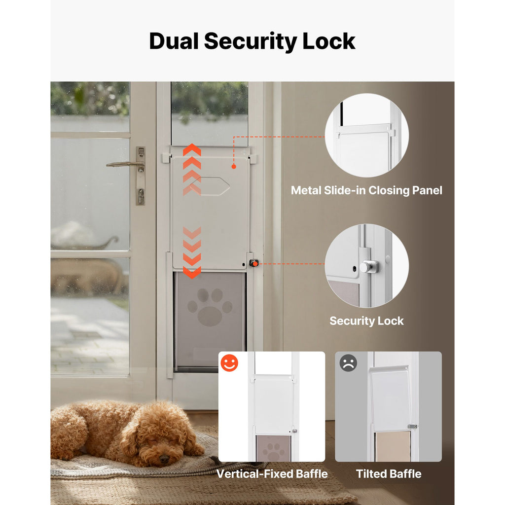 Dog Door for Sliding Glass Door, 91 to 96 in Adjustable Height, Aluminum Alloy Frame with Metal Rotating Hinges, Lock Design, 8 1/4 x 12 1/4 in Flap, Sliding Glass Pet Door for Renters
