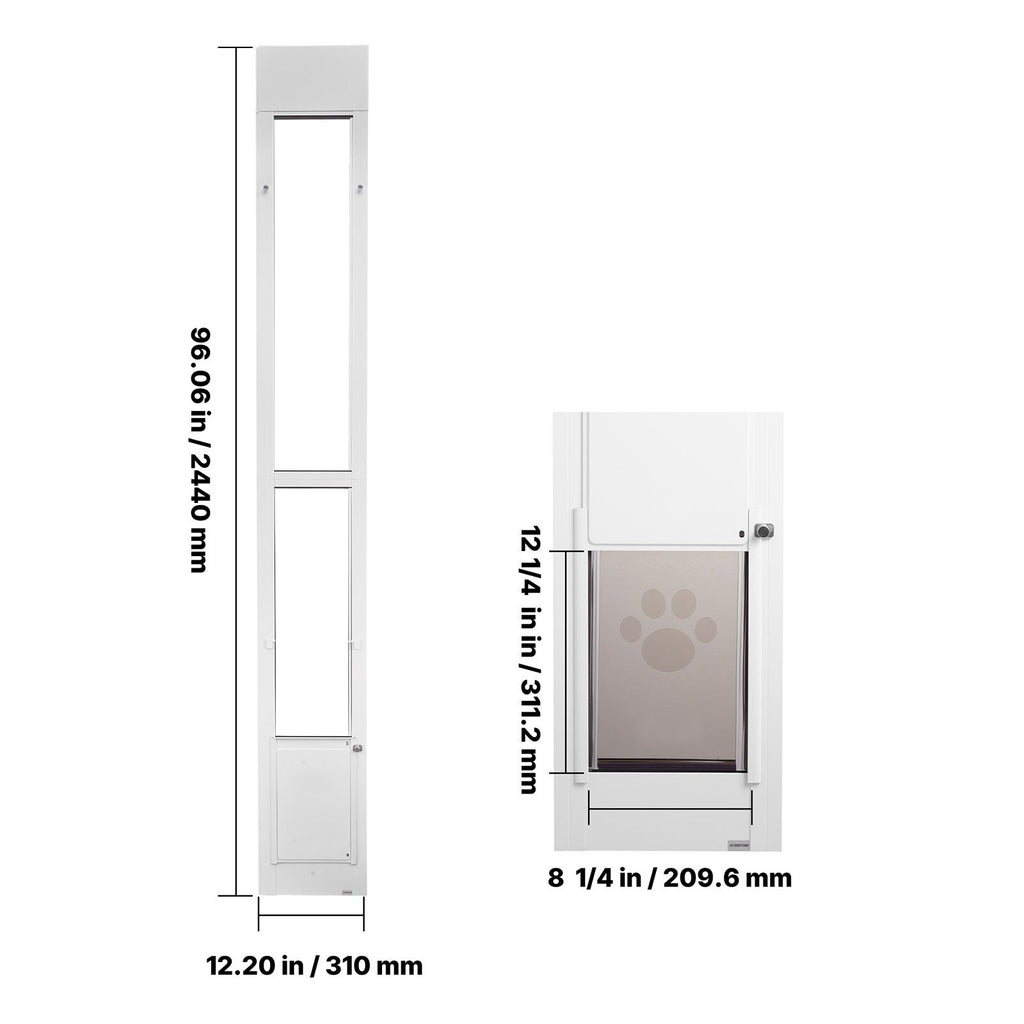 Dog Door for Sliding Glass Door, 91 to 96 in Adjustable Height, Aluminum Alloy Frame with Metal Rotating Hinges, Lock Design, 8 1/4 x 12 1/4 in Flap, Sliding Glass Pet Door for Renters