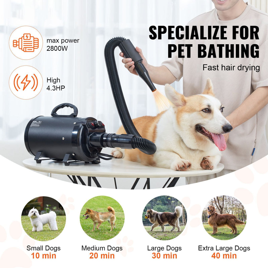 Dog Dryer, 2000W/2.7HP Dog Blow Dryer, Pet Grooming Dryer with Adjustable Speed and Temperature Control, Pet Hair Dryer with 4 Nozzles and Extendable Hose, Black