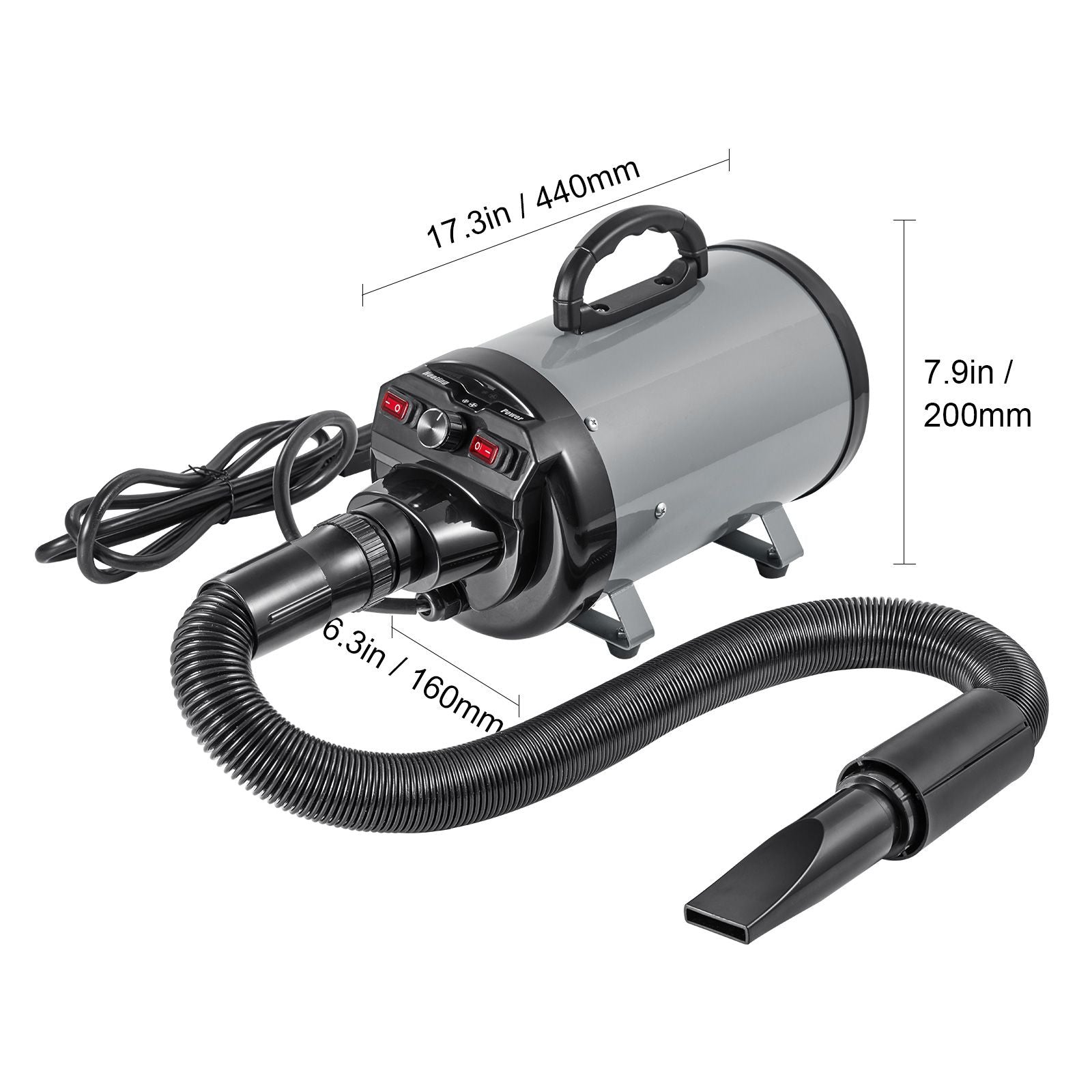 Dog Dryer, 2000W/2.7HP Dog Blow Dryer, Pet Grooming Dryer with Adjustable Speed and Temperature Control, Pet Hair Dryer with 4 Nozzles and Extendable Hose, Grey and Black