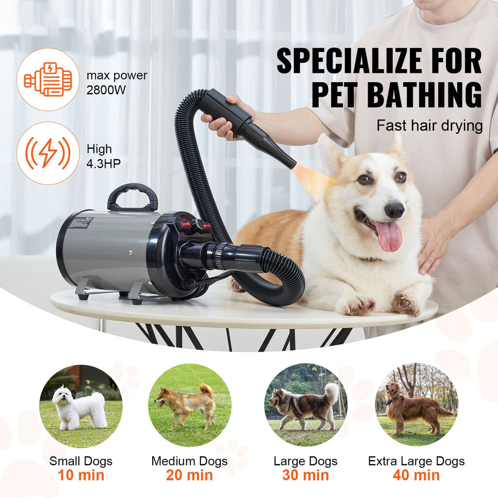 Dog Dryer, 2000W/2.7HP Dog Blow Dryer, Pet Grooming Dryer with Adjustable Speed and Temperature Control, Pet Hair Dryer with 4 Nozzles and Extendable Hose, Grey and Black