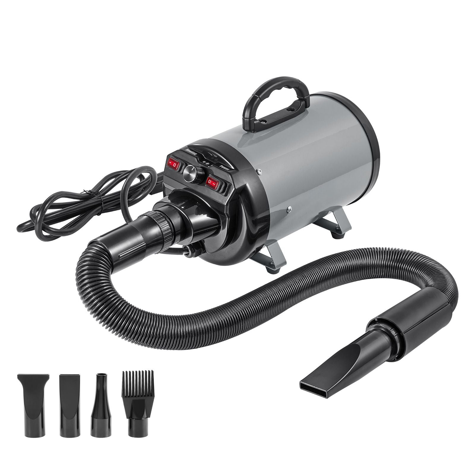 Dog Dryer, 2000W/2.7HP Dog Blow Dryer, Pet Grooming Dryer with Adjustable Speed and Temperature Control, Pet Hair Dryer with 4 Nozzles and Extendable Hose, Grey and Black